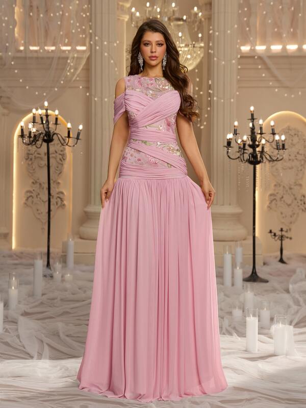 Glamrae Elegant Pink Chiffon Tulle Sequin Applique Sheer Cold Shoulder Ruched Draped A Line Floor Length Summer Prom Ball Formal Wedding Guest Evening Gown