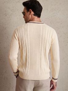 TONEVAULT Old Money Style V-Neck Cable Knit Ribbed Sweater, Men's Contrast Trim Casual Long Sleeve Pullover Jumper, Autumn/Winter - Apricot - View 2