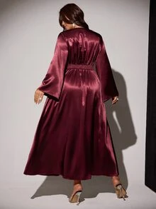 Viva Relle Plus Size Burgundy Satin V-Neck Fitted Ruched Waist Flared Long Sleeve Draped Asymmetrical Hem Evening Dress Fall - Burgundy - View 3