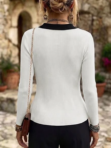 SHEIN LUNE CURVE Plus Size Colorblock Fashion Button Half-Placket Long Sleeve Sweater Winter - Beige - View 2