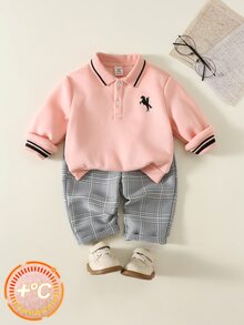SHEIN 中性嬰兒男/女童 幼兒 2件組秋冬保暖內裡加厚衛衣套裝 Polo套裝 嬰兒冬季服飾 嬰兒套裝 聖誕 - 卡其色 - 查看 1