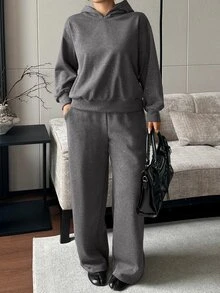Livesso Plus Size Thermal Lined Thick Sequin Design Autumn Winter Loose Casual Hoodie Sweatshirt And Straight Leg Pants 2pcs Set - Dark Grey - View 5
