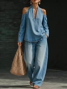 Balvessa Women's Off-Shoulder Long Sleeve Fashion Halter Neck Denim Top - Blue - View 4