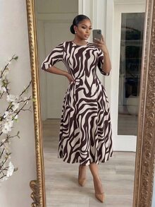 SHEIN Lady CURVE Plus Size Women's All-Over Print Casual Party Dress - Brown - View 5