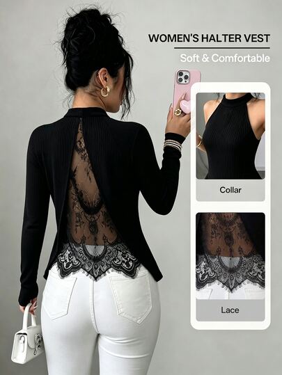 SHEIN Raffinéa Conjunto de otoño para mujer, camiseta elegante para mujer, camiseta casual para mujer, camiseta para salir, conjunto de fiesta, conjunto de vacaciones, conjunto de vacaciones, Y2K, estilo campestre para mujer, conjunto de oficina, conjunto de oficina, camiseta de manga larga, patchwork de encaje, camiseta de cuello alto, graduación, camiseta ajustada, acanalado cepillado, camiseta negra