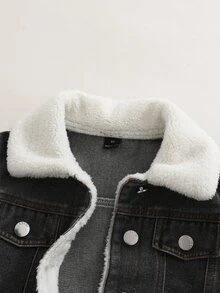SHEIN 男童舒適休閒保暖內裡牛仔外套，百搭無彈力外衣，適合度假、秋冬穿著 - 黑色 - 查看 3