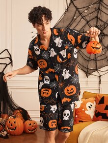 Provexi Provexi Halloween Men's Lapel Collar Open Front Short Sleeve Shorts Pajama Set - Multicolor - View 1