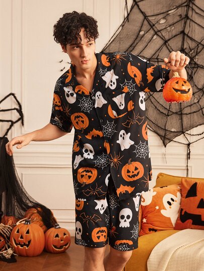 Provexi Provexi Halloween Men's Lapel Collar Open Front Short Sleeve Shorts Pajama Set