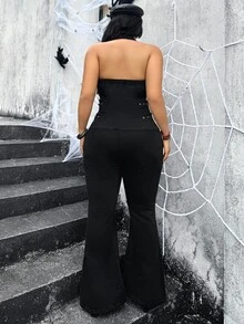 Jeanoix Plus Size Women's Sexy Halter Neck Denim Jumpsuit With Flared Legs - Black - View 2