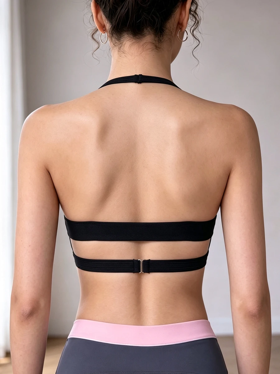 SHEIN 女款拼色休閒日常運動掛脖式內衣 - 黑色 - 查看 1