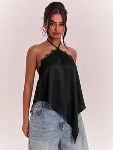 SHEIN BAE 春夏女款休閒度假掛脖蕾絲拼接露背不對稱下擺棕色純色緞面背心，適合海邊度假、海灘假期、姊妹休閒度假，優雅實用棕色緞面背心 - 黑色 - 查看 3