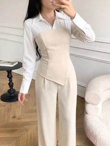Celisse Spring/Autumn Beige 2 In 1 Waist-Cinching Top And Wide-Leg Pants Suit Set, Professional Commuter Outfit For Office, Interview, Afternoon Tea, Elegant Style - Beige - View 4