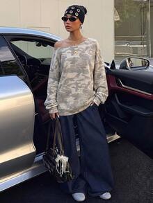 Attitoon Plus Size Women's Off-Shoulder Camouflage Casual Versatile Sweatshirt - Multicolor - View 5