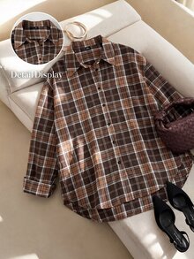 SHEIN Essnce 大尺碼女款格紋落肩單排扣休閒寬鬆襯衫 - 棕色 - 查看 10