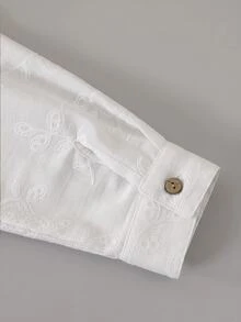 SHEIN 女童白色紋理仿刺繡兩件套，領口印花長袖襯衫搭配同布料鬆緊腰寬腿褲，親膚面料，休閒隨性風格，春/秋日常街頭通勤穿搭，小眾設計極簡套裝 - 白色 - 查看 5