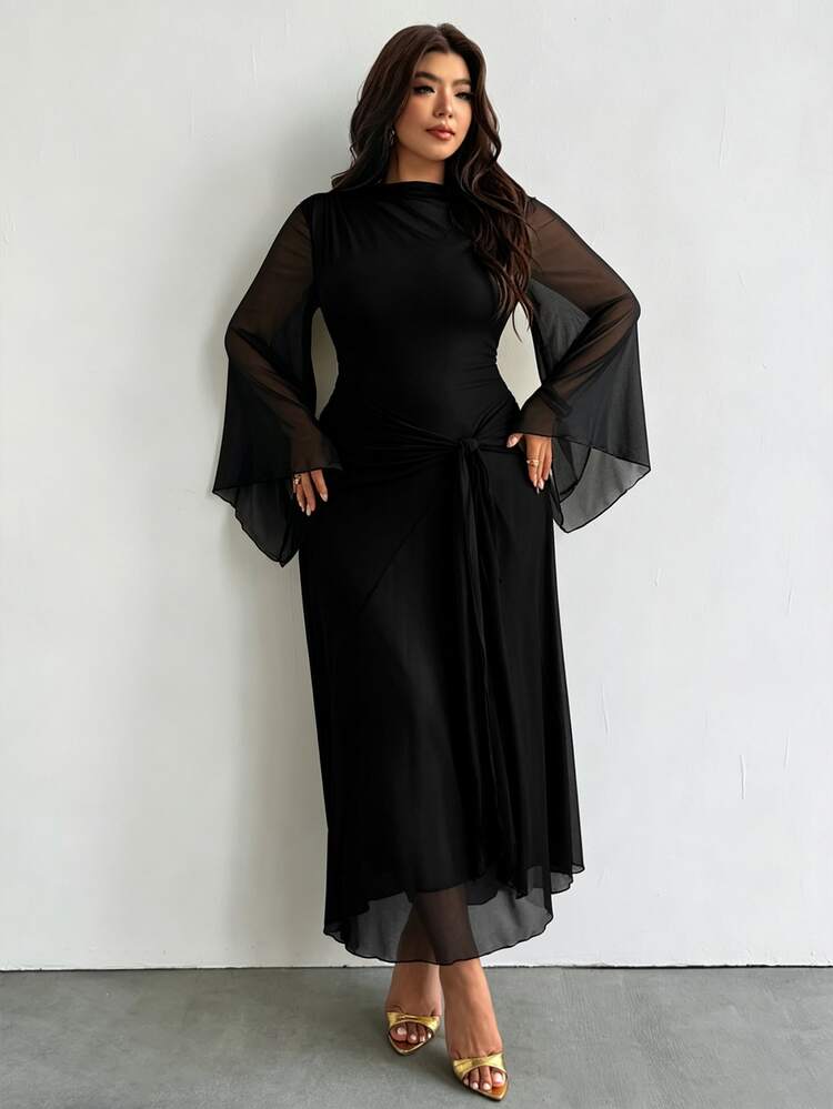 Firerie Yellow Autumn New Style Large Sleeve Bell Long Sleeve Mesh Flowy Fitted Mermaid Tail Long Dress Plus Size Front Cross Wrap Tie-Up Shoulder Pleated Waist Slimming Women's Ultra Long Dress/Ball/Wedding Season/Party/Holiday/Commute/Elegant Romantic/Birthday Party Outfit/Music Festival Outfit Dress/Modern Elegant Daily Streetwear Dress - Black - View 6