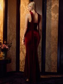 MOTF Soiréza WOMEN'S AUTUMN/WINTER OCCASION VELVET PATCHWORK BEADED EMBROIDERY STRAPLESS DRESS - Burgundy - View 3
