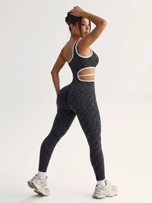 Slayform Slayform Women's One-Shoulder Leopard Print Colorblock Casual Daily Sports Jumpsuit - Black - View 3