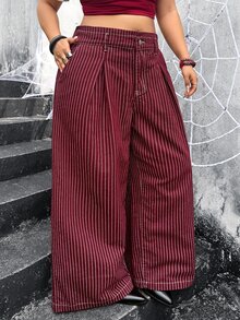 Jeanoix Y2K Plus Size Women Non-Stretch Denim Straight Leg Pants Burgundy Striped Design Straight Leg Long Pants Cowboy Outfits For Women - Red - View 6