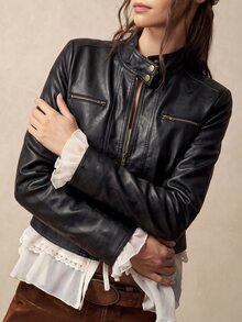 Bohemela Women's Solid Color PU Leather Zipper Casual Versatile Long Sleeve Jacket - Black - View 7
