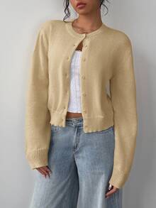 SHEIN BASICS 女款休閒純色圓領長袖寬鬆短版黑色針織開襟外套 冬季外套 - 卡其色 - 查看 1