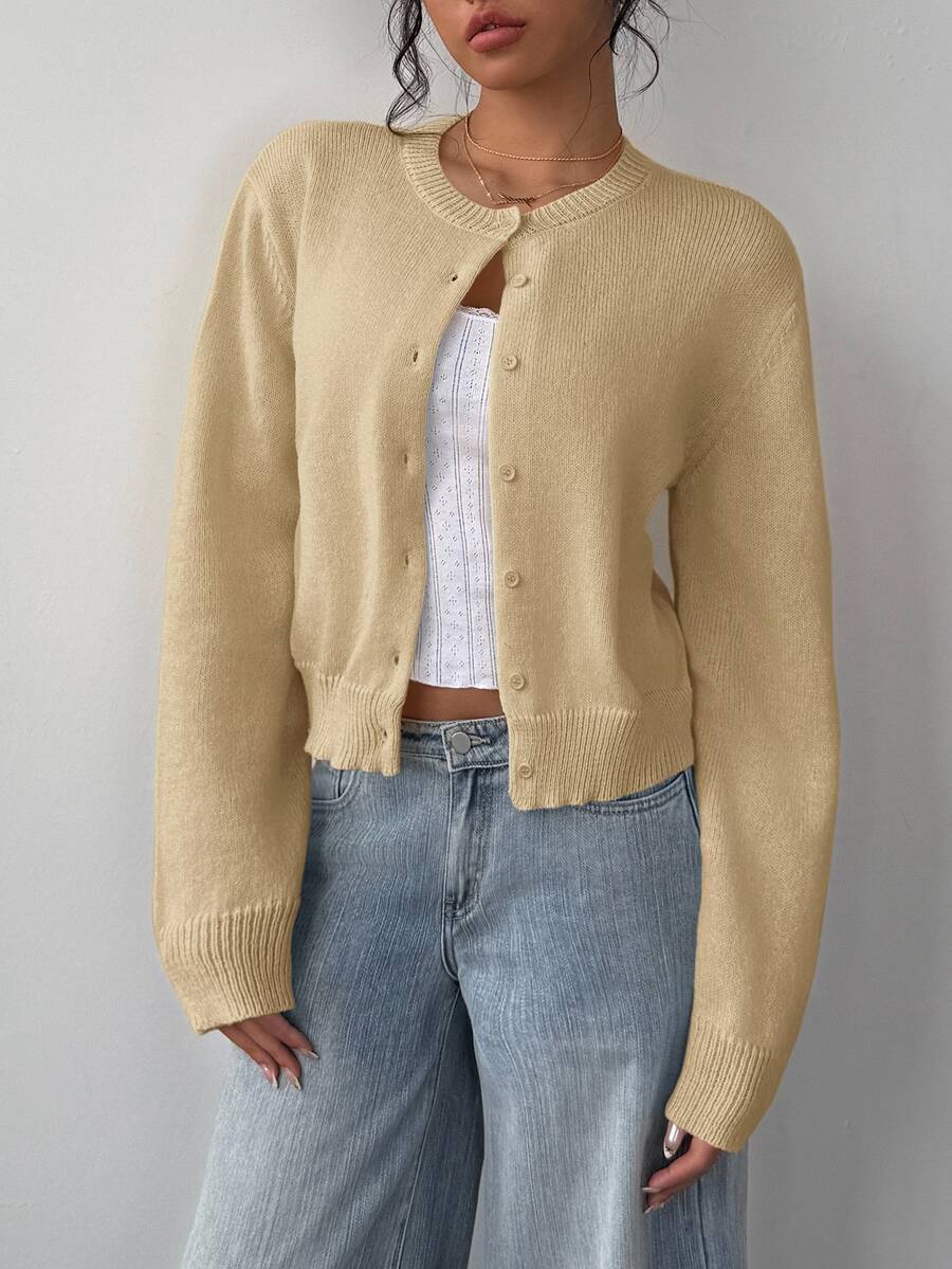 SHEIN BASICS 女款休閒純色圓領長袖寬鬆短版黑色針織開襟外套 冬季外套 - 卡其色 - 查看 1