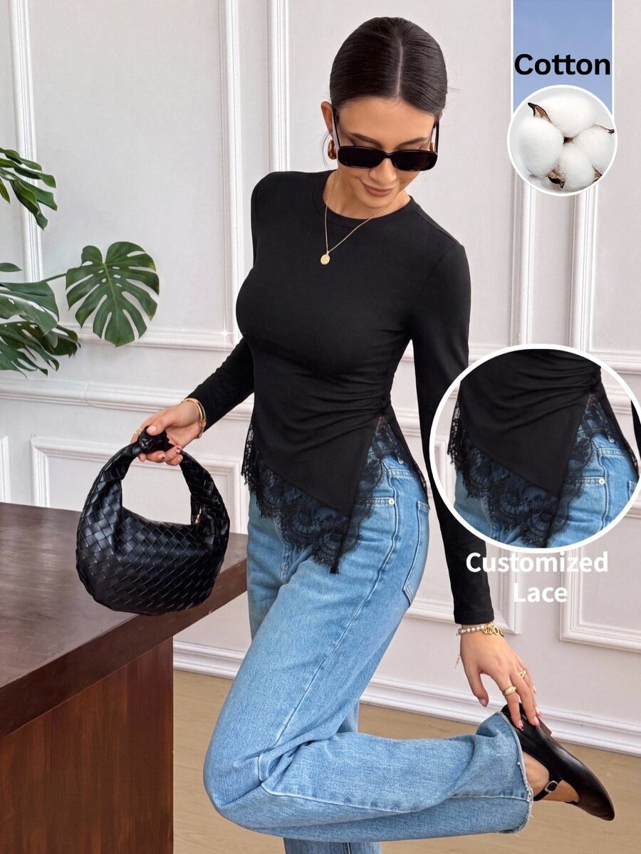 Serisse Women's Solid Color Round Neck Long Sleeve Contrast Lace Asymmetric Hem Slim Fit T-Shirt - Black - View 1
