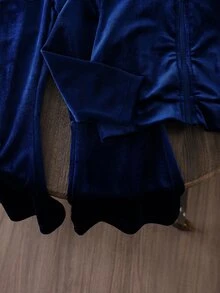SHEIN Vintaside Kids 女童天鵝絨連帽長袖外套與長褲套裝，適合秋冬，時尚百搭，穿著舒適 - 藏蓝色 - 查看 6