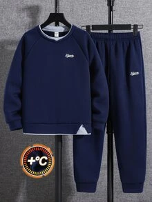SHEIN 兒童 2 件組 青少年男孩休閒字母圖案 2 合 1 連帽衛衣與運動長褲，適合秋冬返校季 - 寶藍色 - 查看 4
