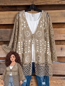 Rusticease Plus Size Hollow Knit Lace-Up Thin Cardigan - Camel - View 1