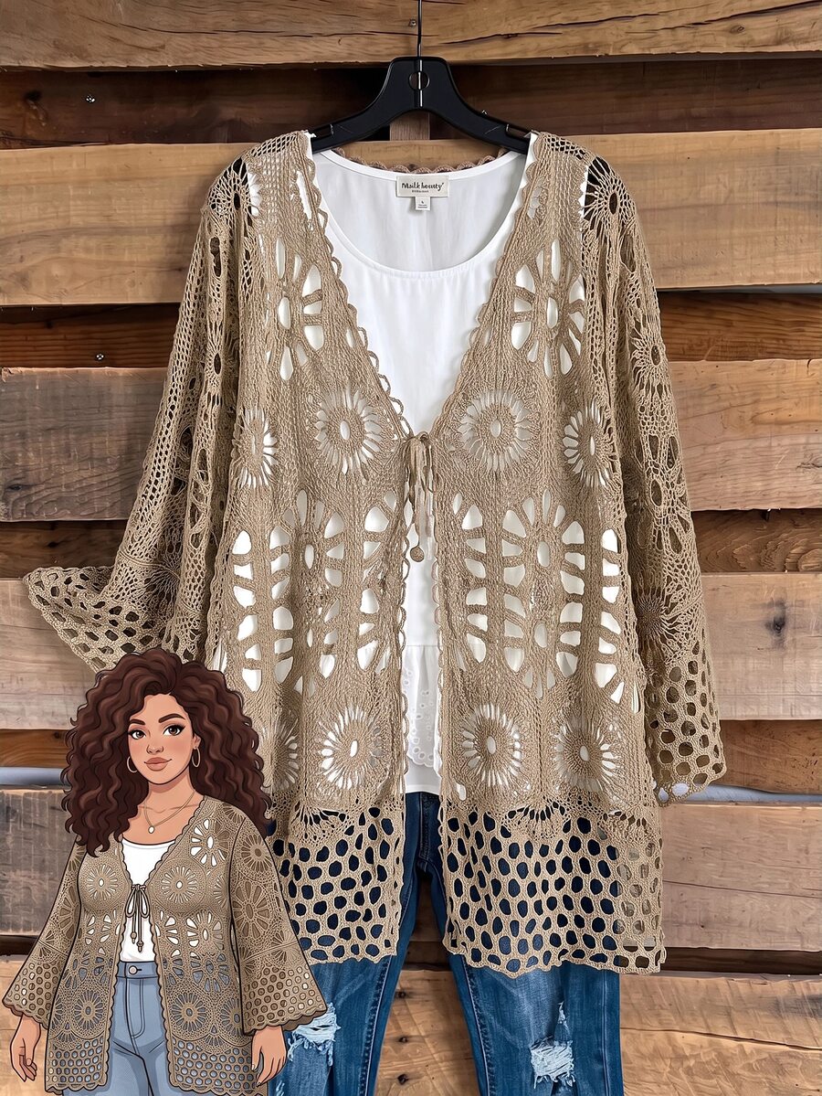Rusticease Plus Size Hollow Knit Lace-Up Thin Cardigan - Camel - View 1