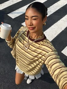 Muchica 女款條紋針織圓領長袖休閒T恤 - 黃色 - 查看 5