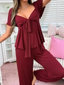 SweetSlumber Set Piyama Rajut Jacquard Wanita yang Manis & Imut, Dapat Dipakai Sebagai Pakaian Santai - Burgundy - View 3