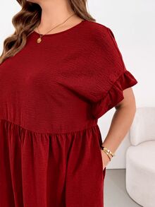 Shapeblank Plus Size Women's Solid Color Pleated Casual Daily Summer Dress - Red - View 6