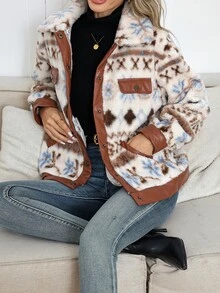 SHEIN Clasi Women's Autumn/Winter Geometric Pattern Regular Jacket Winter Clothes Christmas Halloween Fall Winter - Multicolor - View 6