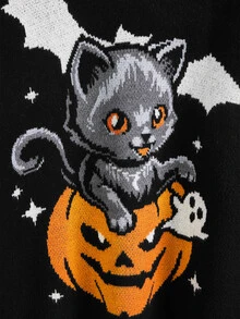 ROMWE Halloween Cute Cat Pumpkin Pattern Black Long Sweater For Women - Black - View 3