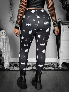 Whyspr BATMAN X SHEIN Plus Size Printed Patchwork Fishnet Leggings - Black - View 2