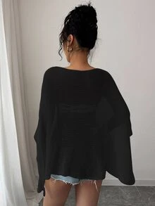 SHEIN Raffinéa 女款披肩式防曬上衣 春夏寬鬆休閒薄款針織上衣 - 黑色 - 查看 2