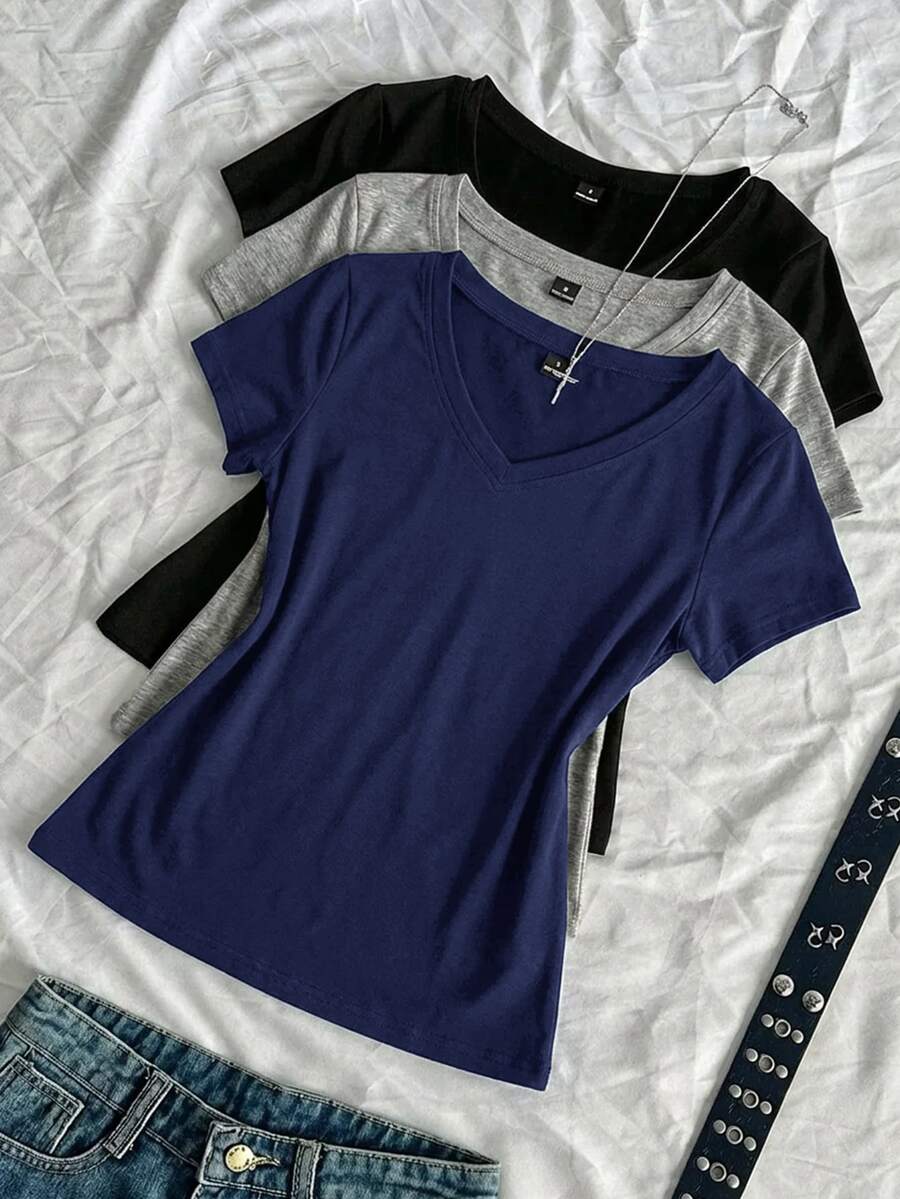 SHEIN EZwear 3件組女款夏季V領修身T恤，龐克次文化動漫純色基礎款短袖修身T恤 - 彩色 - 查看 1