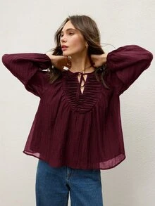 COSMINA Women's Pleated Balloon Sleeve Chiffon Blouse Brunch Everyday Burgundy Autumn Elegant Boho - Burgundy - View 5