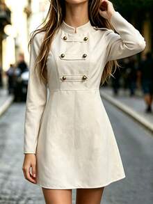 SHEIN Apricot Workwear Mini Dress Epaulet Double Metal Buttons Long Sleeve For Women - Apricot - View 3