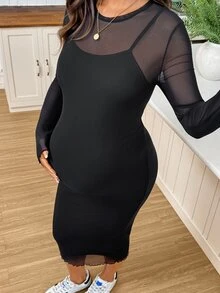SHEIN High-Stretch Mesh Casual Maternity Dress,Maternity Summer Fashion Mesh Bodycon Dress,Autumn Fall - Black - View 5