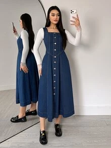 Flexra Early Autumn French Casual Sleeveless Denim Dress, 3D Stitching V-Neck Waist-Cinching Button-Front Vest Dress, Layering Outerwear Slimming Versatile Daily Travel Artistic Style Denim Dress - Dark Wash - View 6