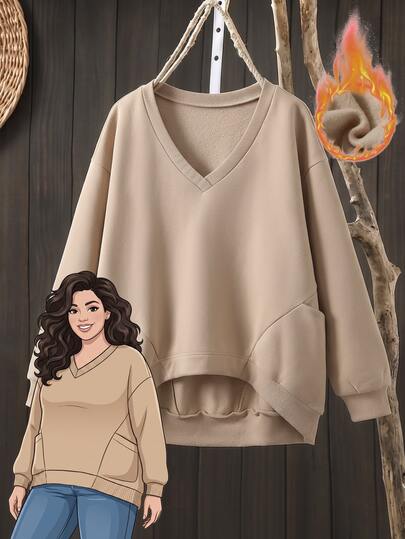 Rusticease Plus Size Women Solid Color V-Neck Long Sleeve High-Low Hem Casual Baggy Sweatshirt Formal Home Wear Khaki Autumn