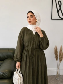 Solavon Plus Size Women Solid Color Notch V-Neck Long Sleeve Waist Tie Casual Dress - Army Green - View 1