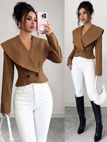 Selianne Women's Solid Color Large Lapel Long Sleeve Double-Breasted Casual Blazer - Brown - View 1