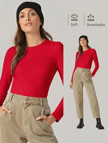 SHEIN BASICS 女款休閒百搭純色修身長袖T恤上衣 白色 - 紅色 - 查看 1