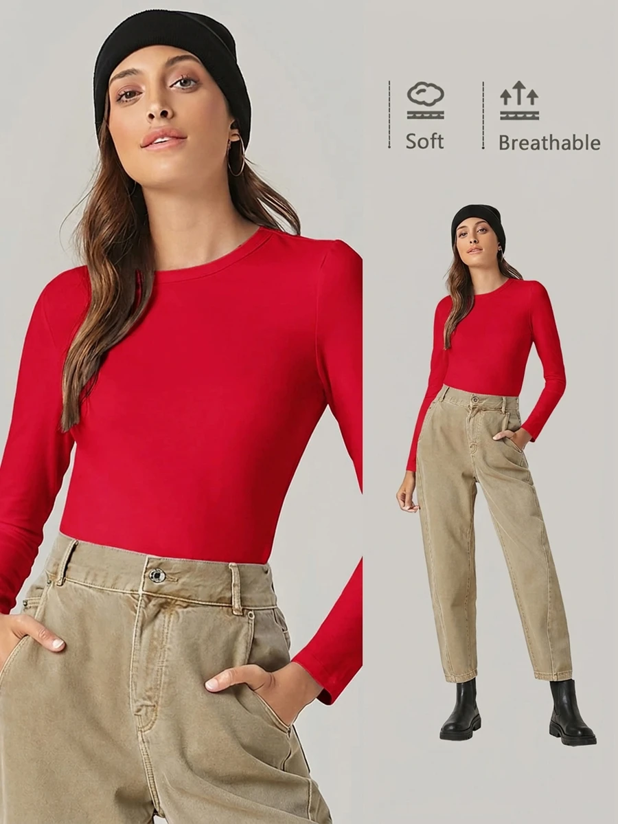 SHEIN BASICS 女款休閒百搭純色修身長袖T恤上衣 白色 - 紅色 - 查看 1