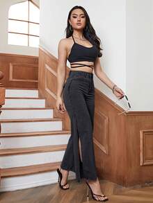 SHEIN PETITE Women's Outdoor Fashion Split Hem All Season Black Petite Jeans - Black - View 6
