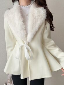 FRIFUL Women's Solid Color Fur Collar Long Sleeve Waist Tie Elegant Overcoat Fall - Beige - View 1